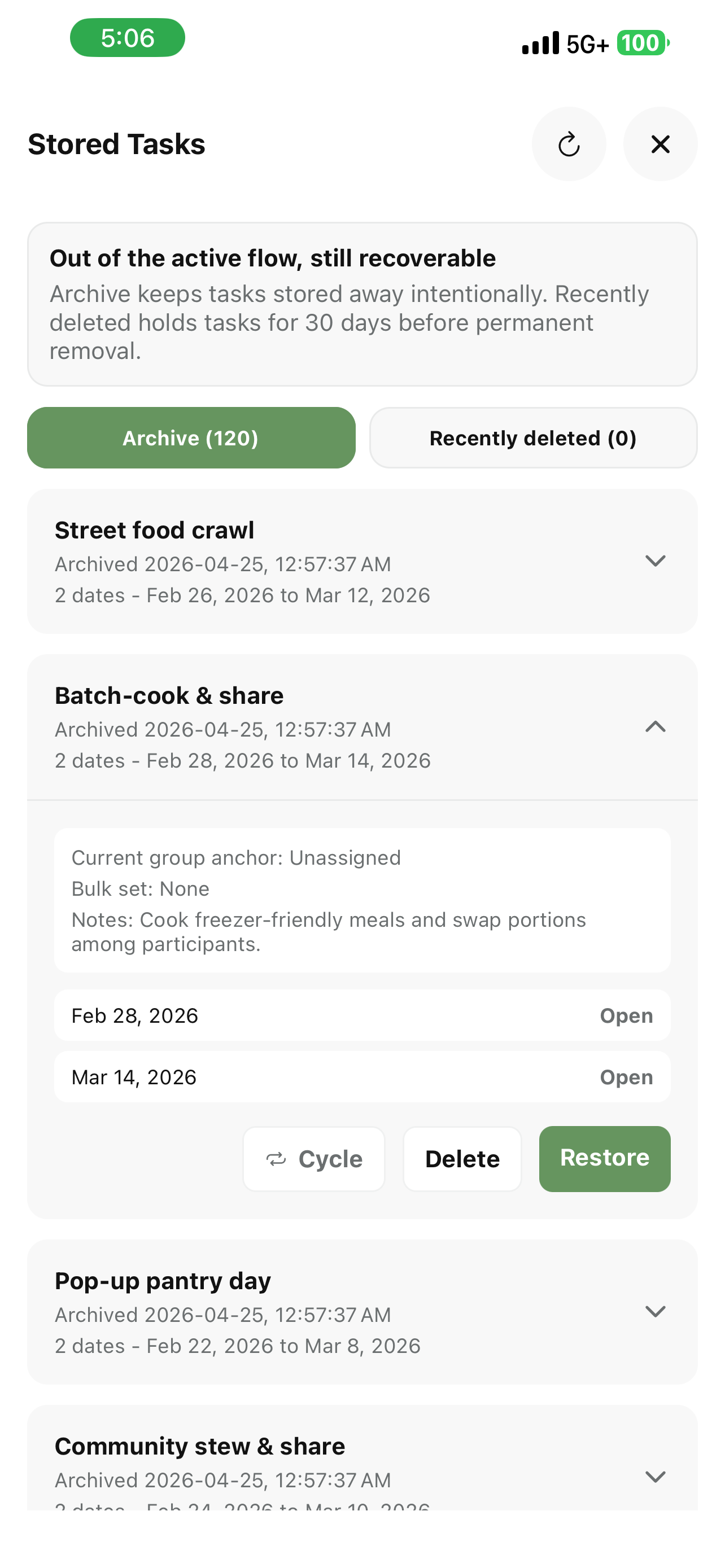 Stored Tasks — an archived task expanded, showing its Cycle, Delete and Restore buttons