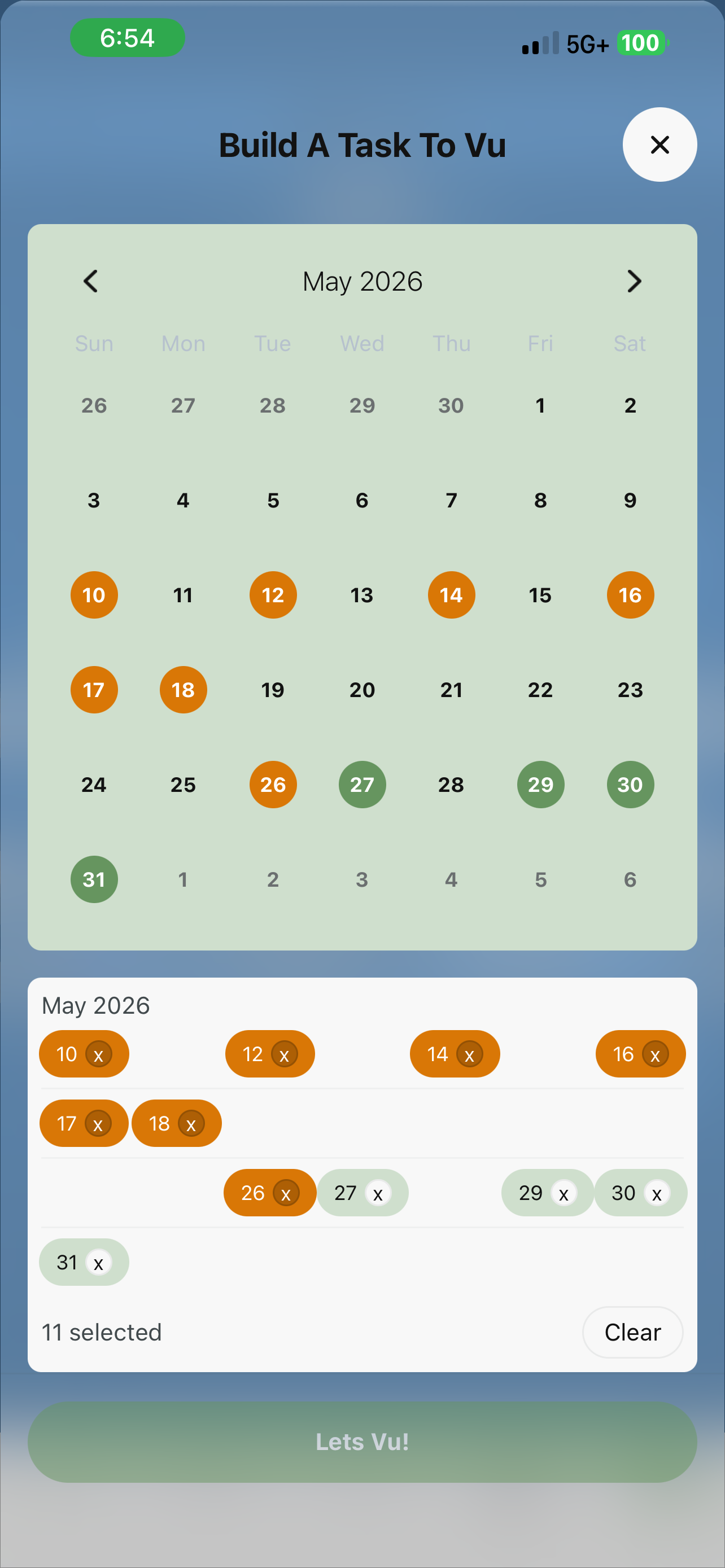 Backdate Planning — past dates in amber, today and forward in green