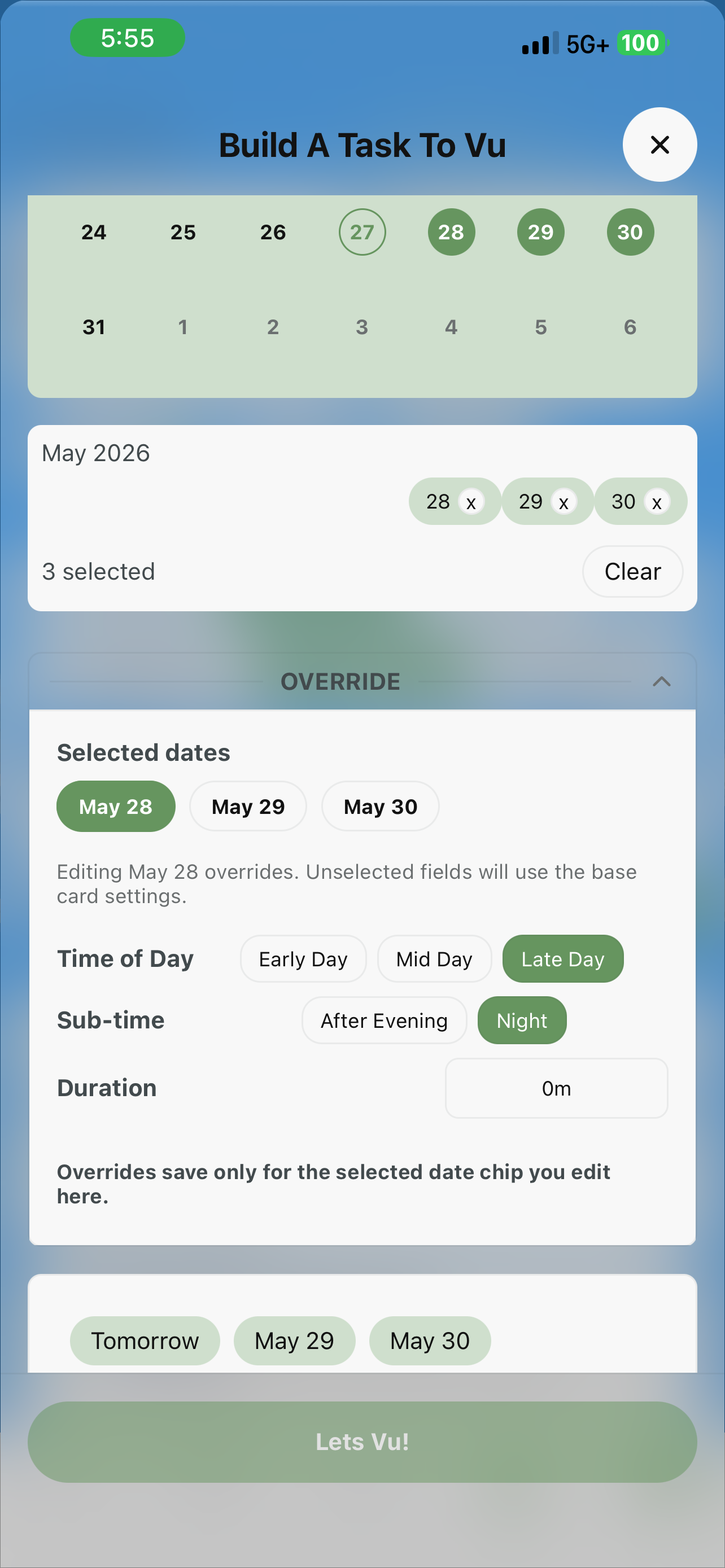 Calendar Override drawer — three selected dates, each with its own Time of Day, Sub-time and Duration