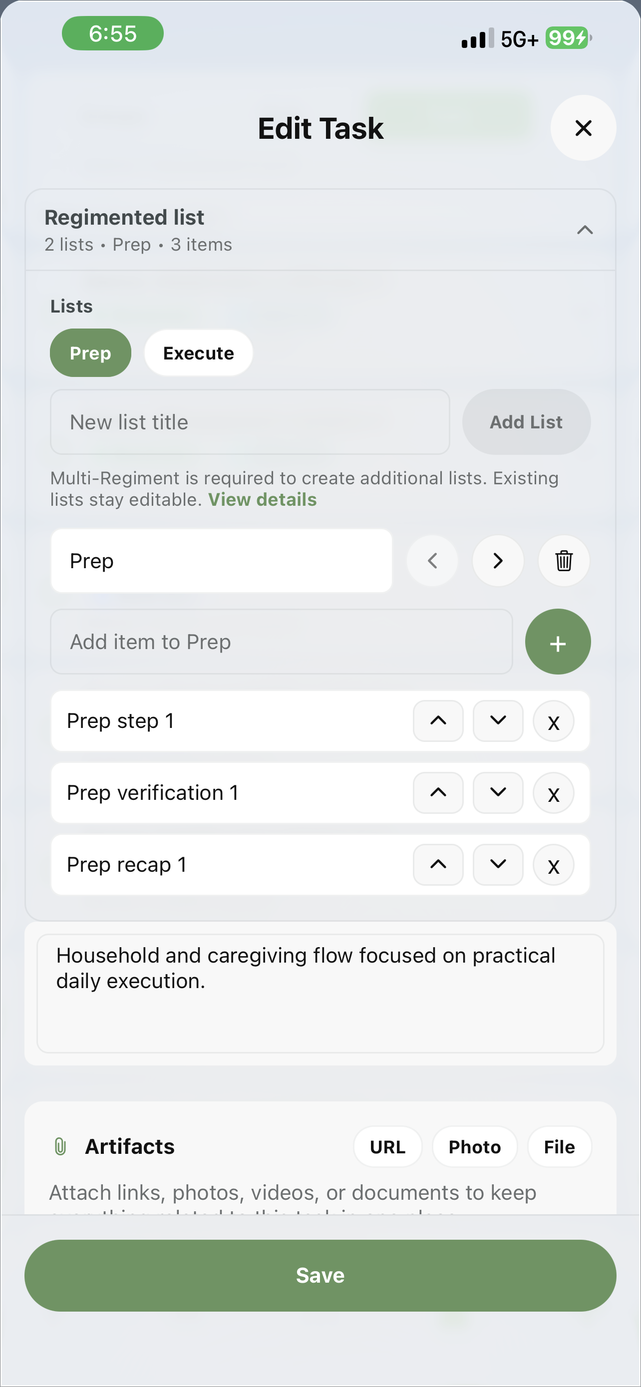 Edit Task — Regimented list with Prep and Execute lists, and the Multi-Regiment upsell prompt